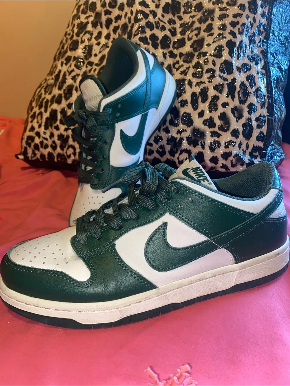 Nike Dunk Low in Dark Green, White, and Black (not original)